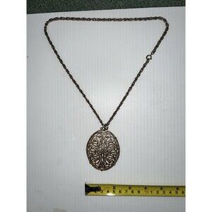 Vintage JJ Jonette Jewelry Oval Ornate Filigree Gold Tone Pendant Necklace